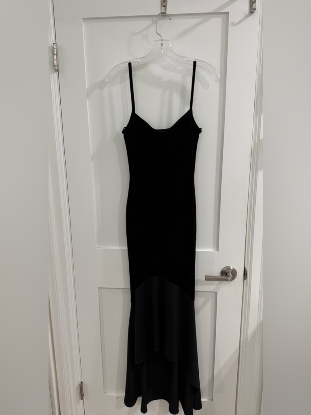 VTG B/A/S/I/C USA black velour high low spaghetti strap maxi dress (fair)